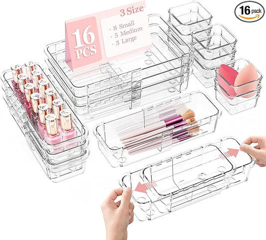 DILIBRA 16 Pcs Clear Extendable Drawer Organizer, Adjustable Drawer Storage 3-Size Desk Drawer Organizer, Plastic Non-Slip Storage Bins for Makeup, Cosmetic, Jewelries, Utensils, Stationery, Dressers