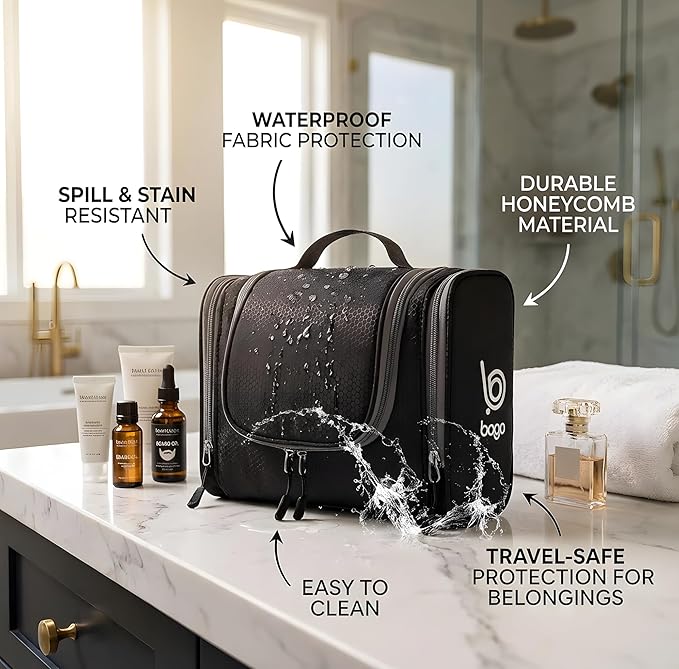 Bago Travel Toiletry Bag for Women and Men - Large Waterproof Hanging Large Toiletry Bag for Bathroom and Travel Bag for Toiletries Organizer -Travel Makeup Bag (Black)
