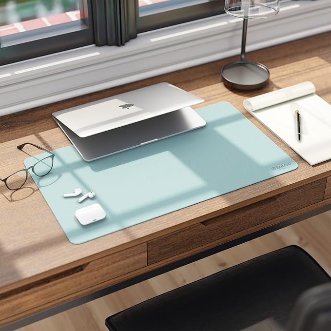Smead Desk Pad, Vegan Leather Desk Mat with Non-Slip Faux Suede Backing, Perfect Desk Organizer for Office Decor, 23.6” x 13.7” Small, Superior Blue (64840)