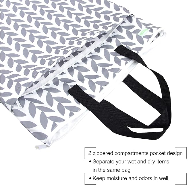 wegreeco Reusable Hanging Wet Dry Cloth Diaper Bag (Grey Leaf, Grey)