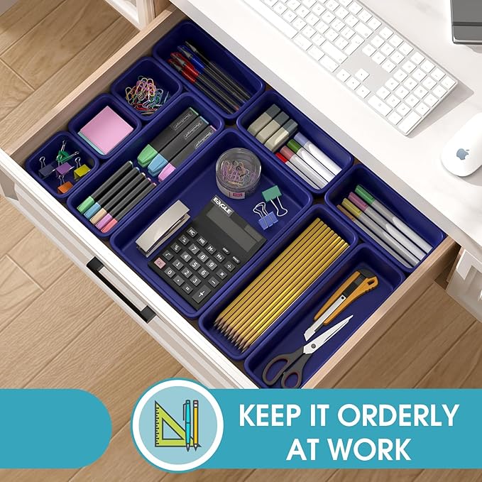 33 PCS Drawer Organizer Set, 4 Size Makeup Drawer Divider Organizer With Non-Slip Pads, Interlocking Plastic Storage Bins for Office,Jewelry Vanity,Gadgets, Bathroom,Kitchen, Navy