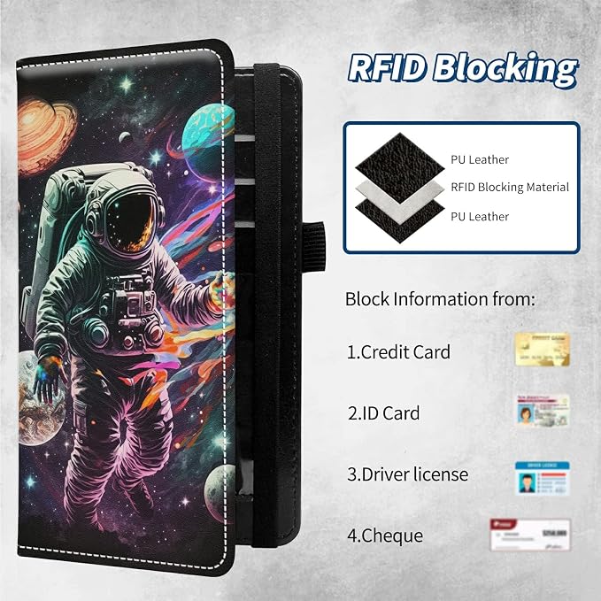 Checkbook Covers for Personal Checkbook Duplicate Checks RFID Blocking Checkbook Cover for Women Men with Elastic Strap Card Slots Pen Holder - Astronauts