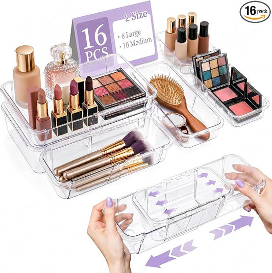 16 Pcs Extendable Clear Drawer Organizer, 2-Size Expandable Drawer Dividers, Expanding Plastic Storage Box Arcrylic Storage Bins for Vanity Makeup Drawer Dresser Kitchen Utensils DIY Desk Office