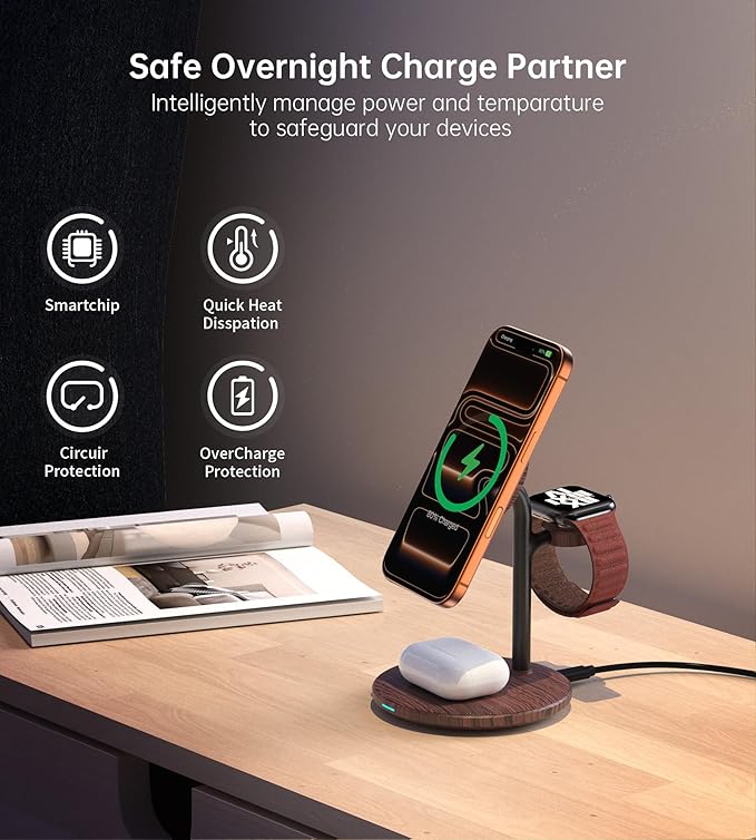 XooFly 3 in 1 Wireless Charging Station for Apple Devices, Fast Wireless Mag-Safe Charger Stand with 20W Adapter for iPhone 17/16 15 14 13 12 Pro Max/Pro/Plus/Air/Mini,iWatch,AirPods,Brown Wood Grain