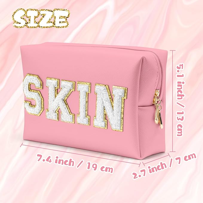 Y1tvei Preppy Patch SKIN White Letter Pink Cosmetic Toiletry Bag PU Leather Portable Makeup Bag Daily Use Storage Pouch Toiletry Purse Waterproof Organizer for Travel Varsity Women Girls Teens(Pink)