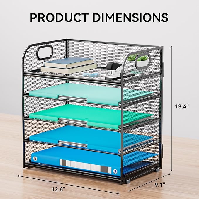 Paper Organizer Letter Tray with Handle, 5-Tier Black Stackable Desk Organizer with Metal Mesh, Sturdy Paper Tray for Office Desk, Home & Classroom Supplies Storage