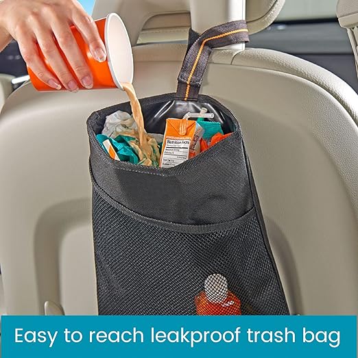 High Road Slim Hanging Car Trash Bag with Waterproof Liner, Storage Pocket and Adjustable Strap - Hangs from Handles or Headrest Posts Without Taking Up Legroom