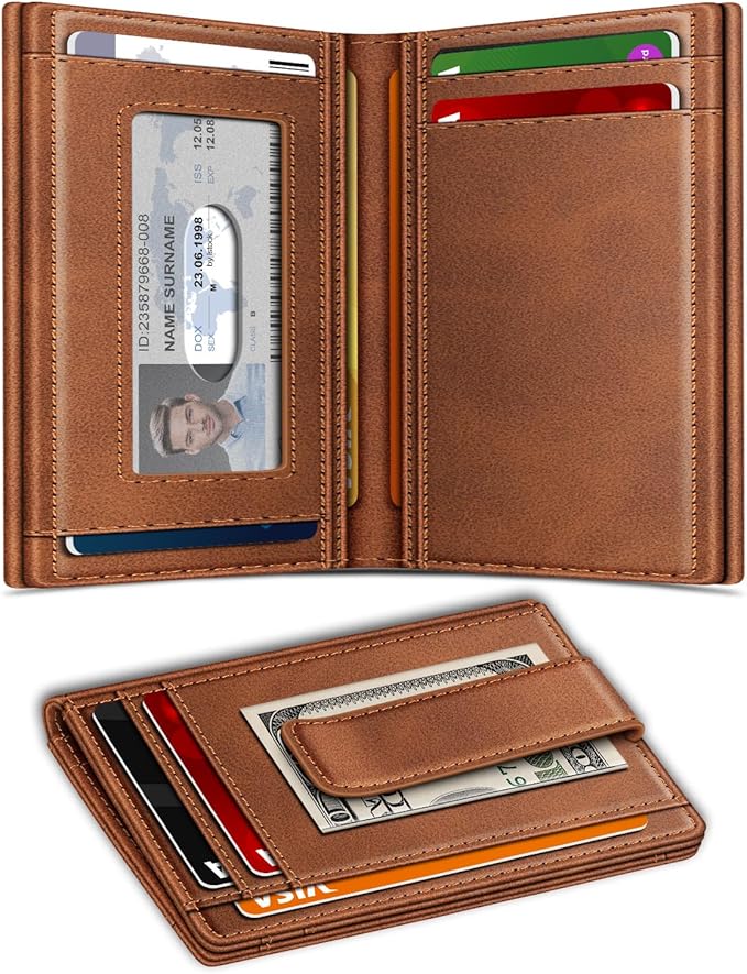 Wallet for Men 14-16 Cards, Men's Leather Wallet, Minimalist Thin Card Holder RFID Blocking Money Clip with Simplified Bill Folder & Magnetic Closure, Gifts for Men, Brown