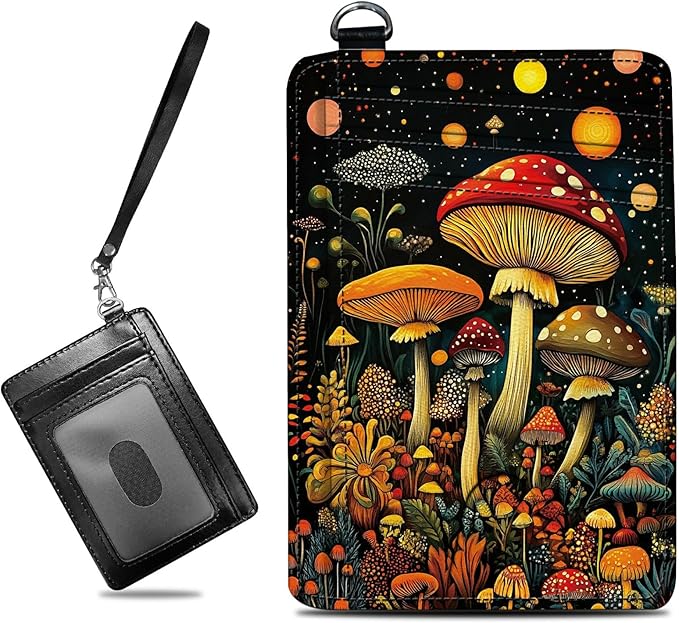 Small Travel Wallets, Magic Colorful Mushrooms Slim Minimalist Front Pocket Wallet with Wristlet, RFID Blocking PU Leather Credit Card Holder with ID Window Change Purse for Men Women