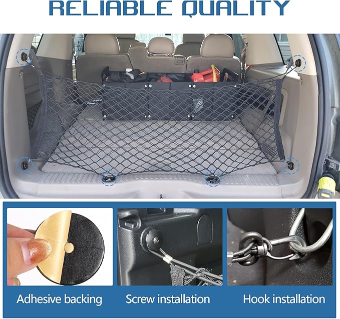 Wuyaoyao Stretchable Car Rear Cargo Net, Elastic Trunk Storage Organizer Nets with Hooks, Vehicle Trunk Storage Mesh Nets for Cars SUVs Trucks, Car Accessories (Vertical Double Layer 35.43×15.75 Inch)