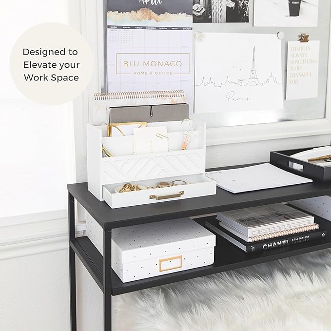 BLU MONACO | White Wooden Desk Organizer & Mail Organizer with Drawer & Gold Handle | Mail Sorter Countertop | 6 Compartments | White Desktop Organizer for Desk