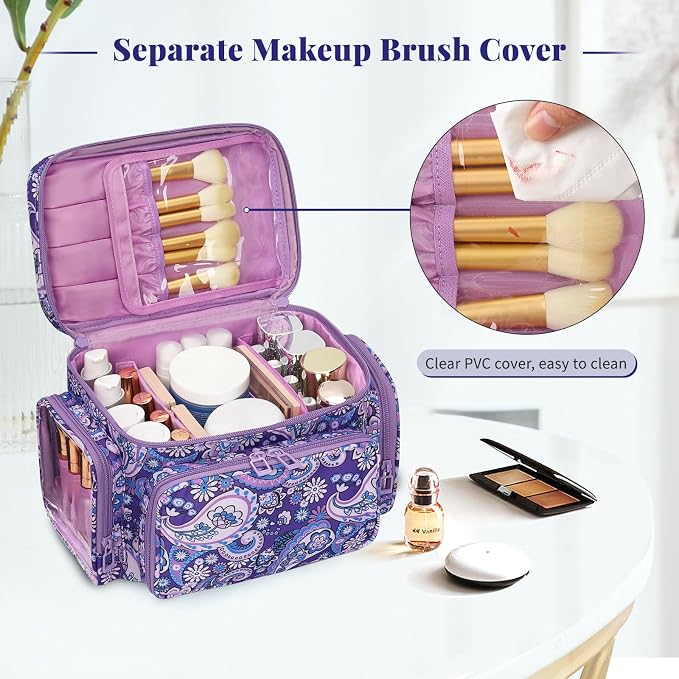Bagmoly Large Makeup Bag, Portable Travel Makeup Bag Organizer for Women Girls with Makeup Brush Compartment & Two Side Pockets, Cosmetic Travel Bag Vertical Storage Toiletry - Purple