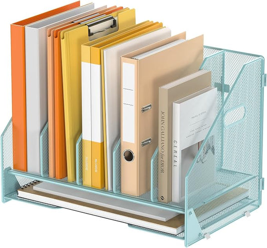 Desk File Folder Holder Organizer-5 Vertical Compartments Racks and Paper Letter Tray,Mesh Magazine File Holder Sorter,Desktop Accessories & Workspace Organizers for Home,Office,School-Blue