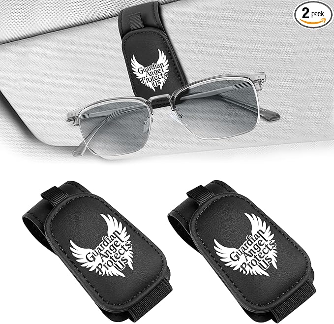 Teraves 2 Pack Sunglass Holder Clip for Car Visor, Upgrade Magnetic Leather Sunglasses Glasses Eyeglasses Visor Clip, Guardian Angel Gift for New Driver