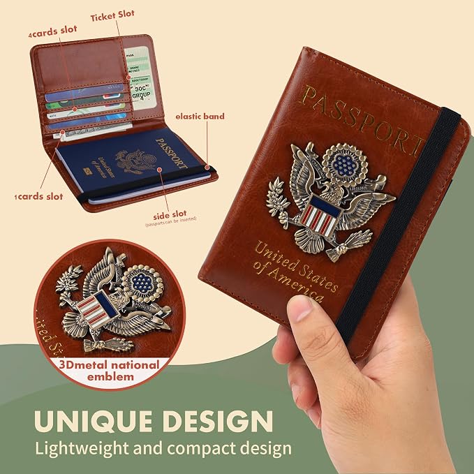 Passport Holder Cover Travel Wallet and Card Slot Combo RFID Blocking Leather Family Passport Holder Travel Accessories for Men Women(Brown)