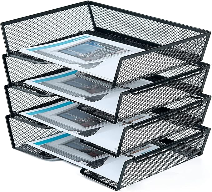 SETTFRFE 4 Tier Metal Letter Tray Desk Organizer-Stackable Paper Tray,Black | Desk Tray Organizer with Reinforced Edges,Stackable File Trays Organizers and Storage System for Office,School,Home