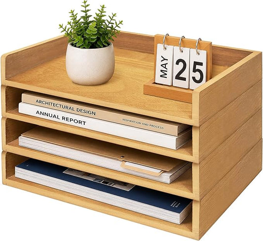 PROLEE 4 Pack Stackable Paper Tray, Wooden Paper Tray Organizer with Letter Tray, Paper Holder for Desk, Desktop File Storage Rack for Study, Home and Office (Oak)