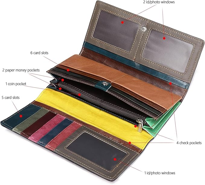 MASIWEI Genuine Leather Patchwork Wallet for Women Multicolor Trifold Wallets Ladies Card Holder Money Organizer with Coin Purse