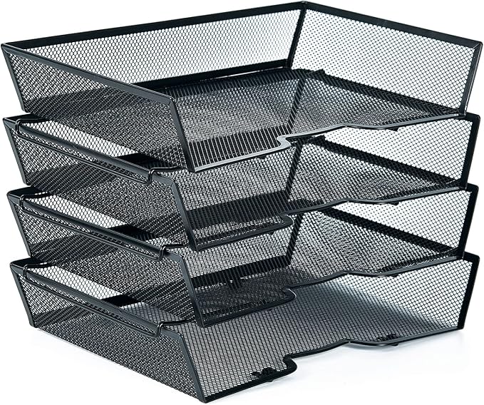 SETTFRFE 4 Tier Metal Letter Tray Desk Organizer-Stackable Paper Tray,Black | Desk Tray Organizer with Reinforced Edges,Stackable File Trays Organizers and Storage System for Office,School,Home