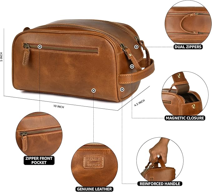 LEATHER VILLAGE Genuine Leather Toiletry Travel Bag With Waterproof Lining - Sun Tan | King-Size Handcrafted Vintage Dopp Kit Bag, Shaving & Bathroom Organizer, Gift for Men & Women