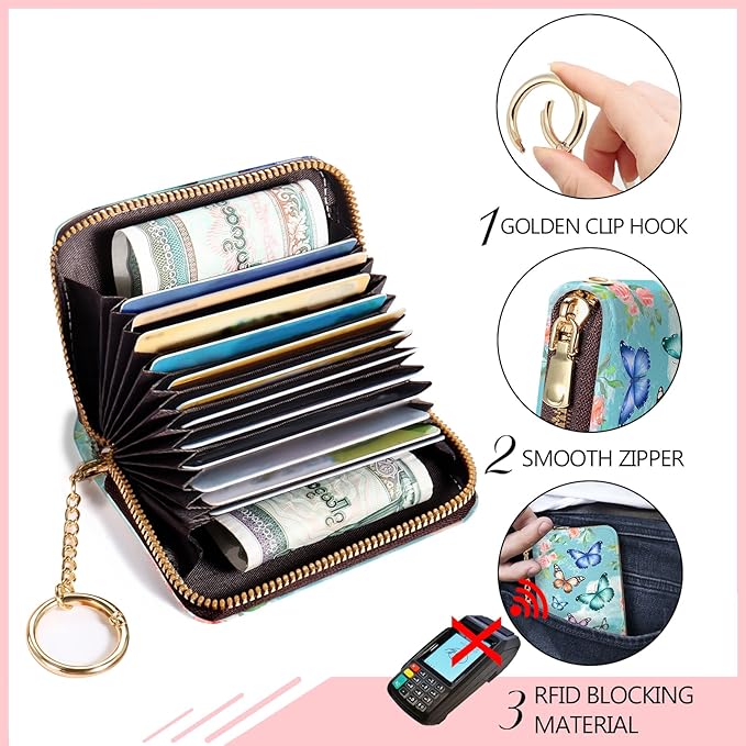 Blusabaca RFID Credit Card Holder Wallets for Women, Small Card Case Wallet with Keychain and Zipper, Butterfly Leather Card Holder Pocket Business Card Accordion Wallet