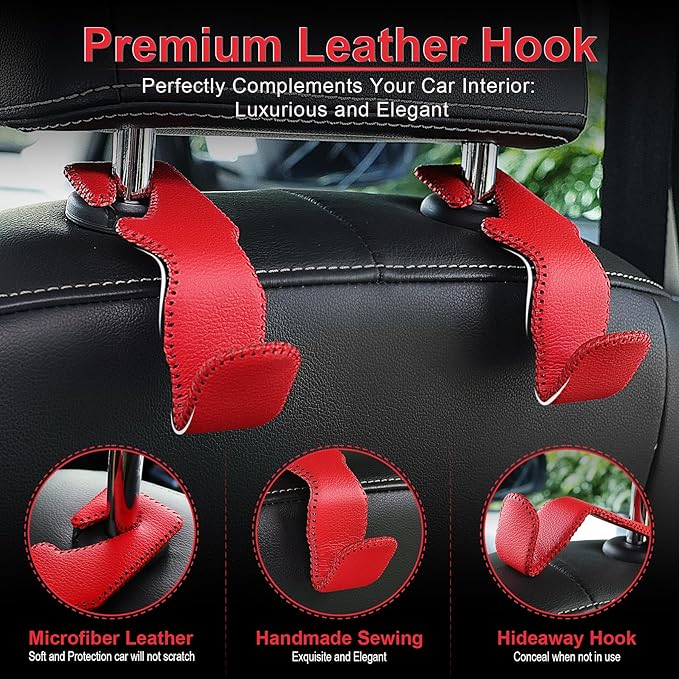 LivTee Red Superior Leather Car Seat Back Headrest Hook, Auto Seat Hook Hangers Interior Accessories for Purse Coats Umbrellas Grocery Bags Handbag, 2-Pack