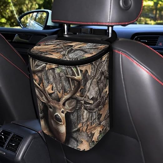 Talayituse Deer Hunting Camo Print Car Trash Can with Lid, Leak Proof Auto Trash Bag Hanging Vehicle Garbage Can Multipurpose Storage Container for Back Seat Road Trip