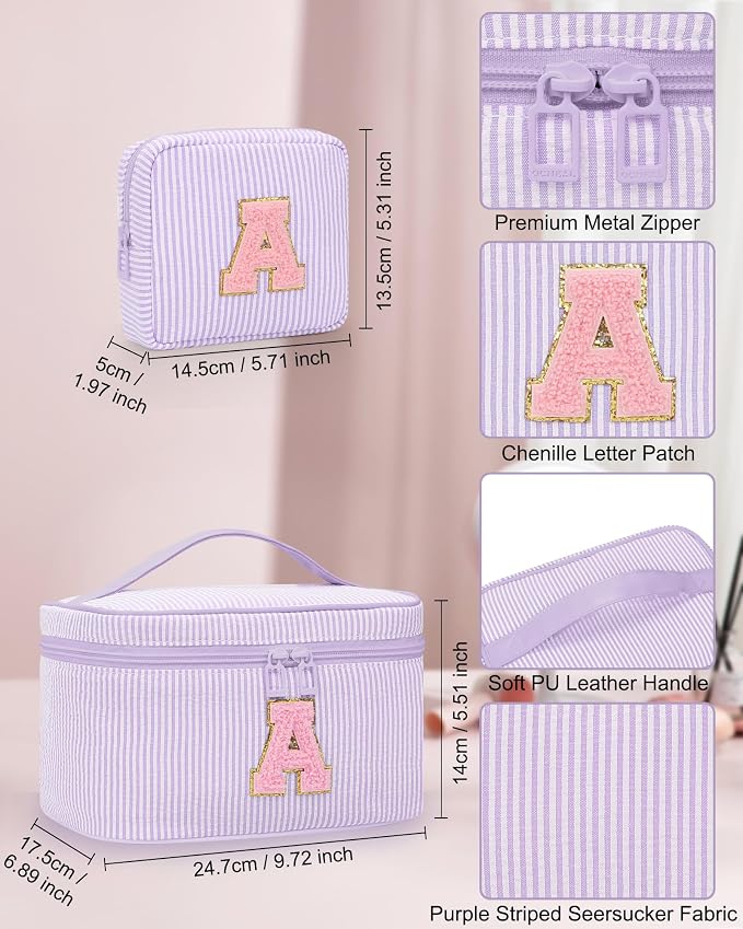 MONSTINA Personalized Initial Makeup Bag with Brush Holder for Women,Monogram Make Up Case for Girlfriend Bridesmaid Wife,Birthday Gift for Her Cute Toiletry Bag,2PCS,Purple E