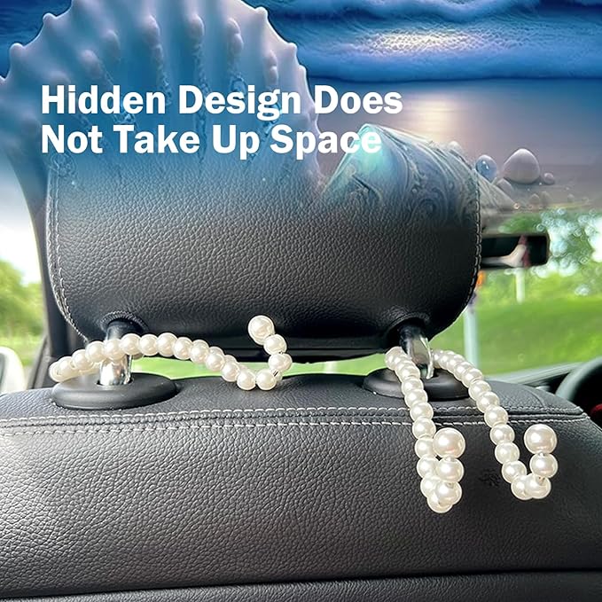 WZP 2PCS Pearl Car Seat Headrest Hook, Cute Car Purse Holder, Car Seat Hook Hanger Storage Organizer for Key Bag Umbrellas Coat, Universal Auto Interior Decor Accessories for Women Girls
