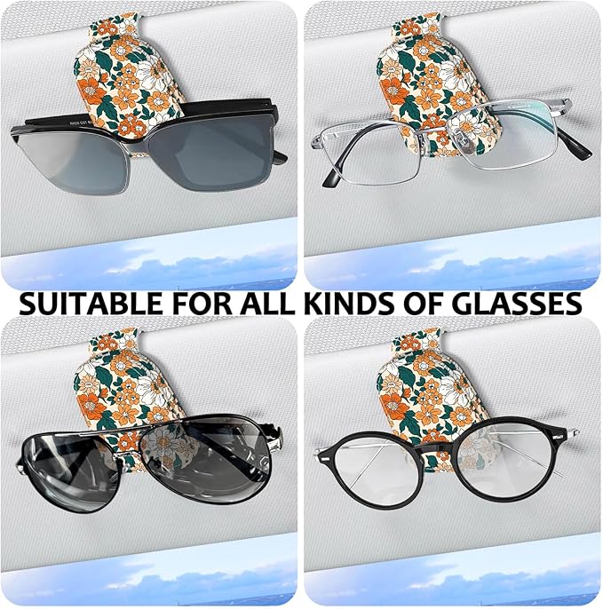 2 Pack Sunglass Holder for Car Visor, Universal Magnetic Car Sunglass Holder for Different Size Eyeglasses, Car Visor Accessories (Flower-Yellow)