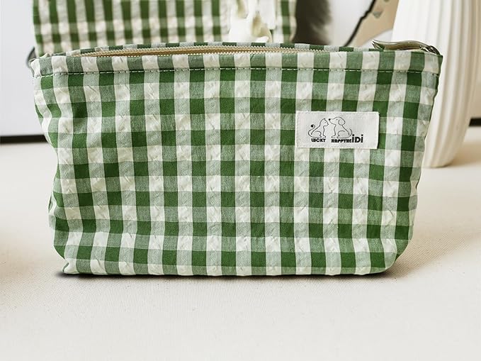 HAPPYHEIDI Nylon Checker Makeup Bag Set 3 with Compartment Cosmetic Toiletry Travel Pouch,Purse Accessory Organizer, 3-Size, Beige Green Plaid, Canvas Lined