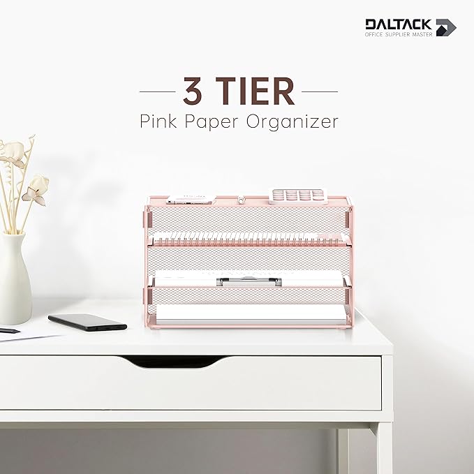 DALTACK 3 Tier Letter Tray Paper Organizer for Desk, Mesh Metal Desk File Organizer with Sliding Trays for Letter/A4 Paper, Mail, Bills & Folders, Pink