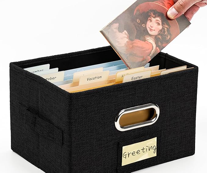 Greeting Card Organizer and Storage Box with 20 Pcs Adjustable Dividers, Storing Cards with 84 Pcs Labels Perfect for Storing Greeting Cards, Envelopes, Photos 1 Pack Black