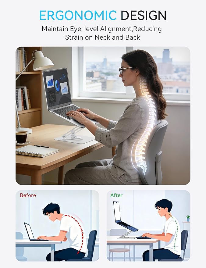 SOUNDANCE 360 Rotating Laptop Stand, Ergonomic Computer Riser for Desk, Adjustable Height Multi-Angle Metal Holder, Foldable Portable Notebook Elevating Base for Office & Home, White