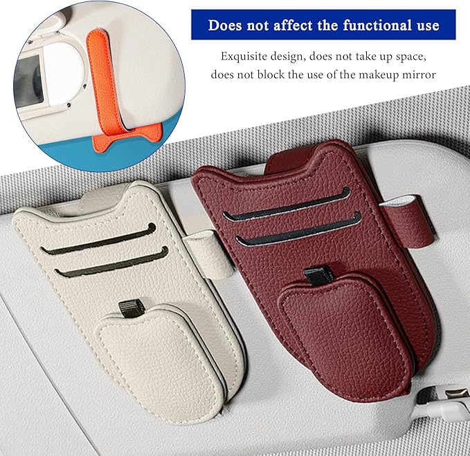 Sunglasses Holder for Car Visor, Magnetic Auto Sun Visor Organizer with Ticket & Pen Clip, Multi-Pocket Leather Eyeglass Clip Interior Accessories for Most Vehicles (Wine Red)