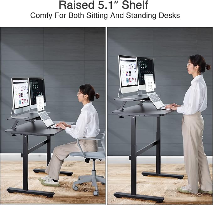AVLT Clamp Desk Shelf Dual 32" Monitor Clamp-On Monitor Riser With Slide Out Holder For Convertible Laptop Tablet Smartphone (Black) - Floating Monitor Stand (Shelf Only)
