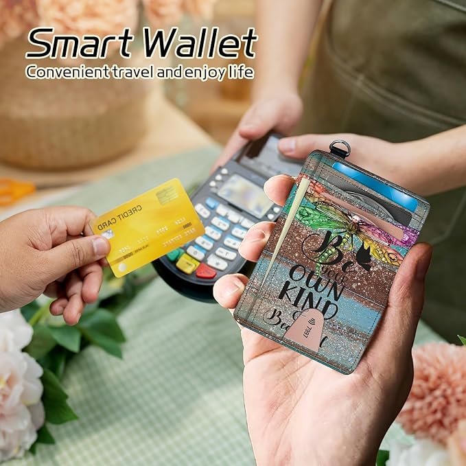 Small Travel Wallets, Dragonfly Glitter Wood Slim Minimalist Front Pocket Wallet with Wristlet, RFID Blocking PU Leather Credit Card Holder with ID Window Change Purse for Men Women