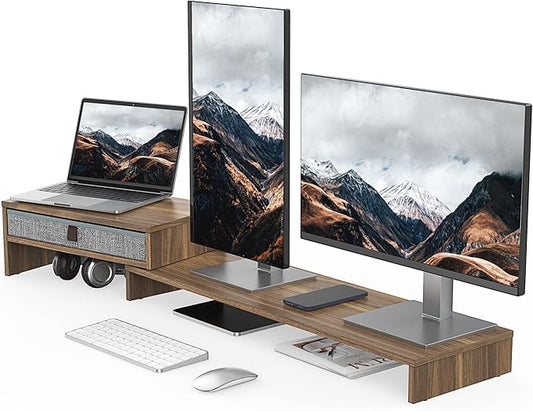 Fenge Computer Monitor Riser Stand with Drawer for 2 or 3 Monitors ,Adjustable Length and Angle Desktop Laptop Stand,Office Organizer,Printer