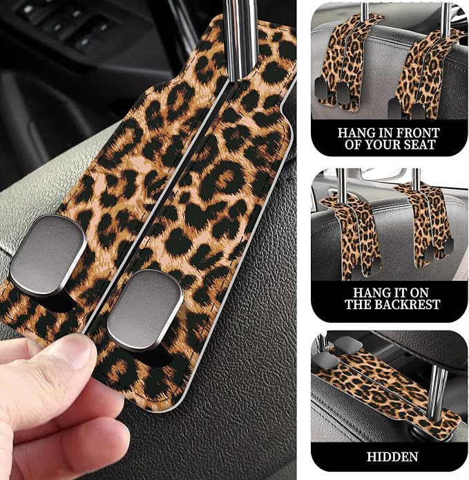 PU Leather Car Seat Hook, Storage Headrest Hanger, Cute Car Backseat Organizer, Car Hooks For Purses and Bags Brown Leopard Print