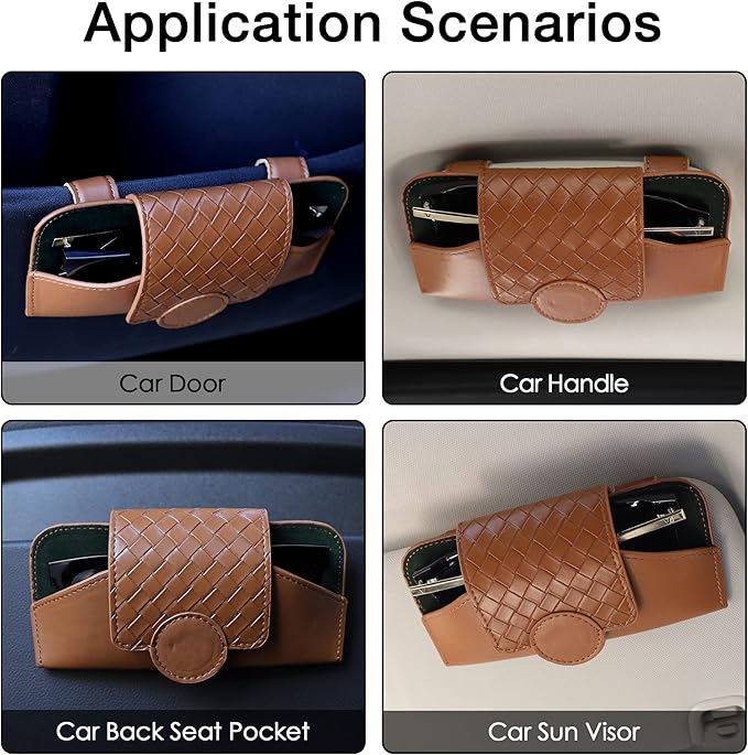KINIVA Sunglasses Holder for Car Visor Leather Glasses Case with Clips for Car Visor Automotive Interior Visor Accessories Apply to All Car Models (10 Brown)
