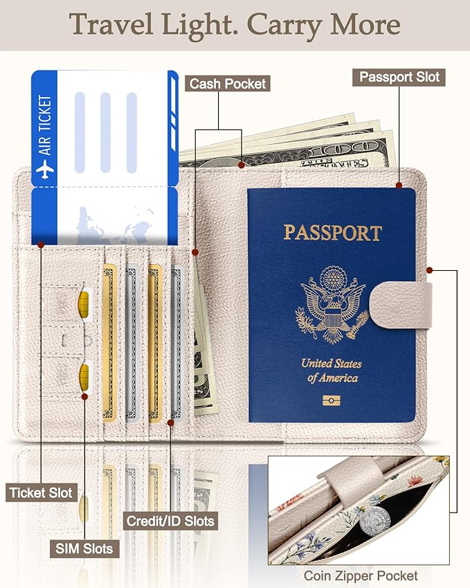 Slohif Passport Wallet Holder Cover for Travel - Women Men RFID Blocking Passport Book Case Protector, Cream Floral Butterfly Leather Personalized Organizer Slim Carrier Boarding Pass Cards Slots
