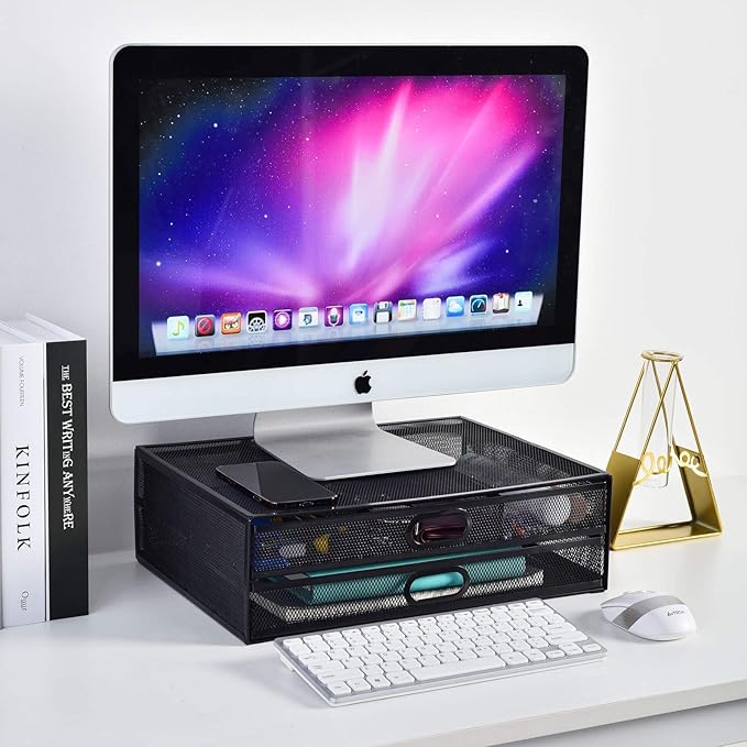 Monitor Stand Riser with Drawer - Metal Mesh Desk Organizer with Dual Pull Out Storage Drawer, Printer Holder with Pull Out Storage Drawe