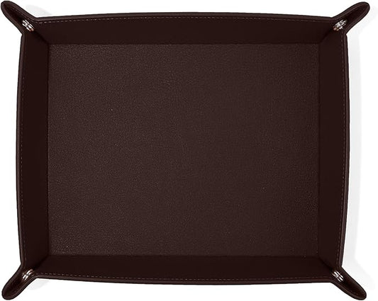 Leatherology Brown Leather Rectangle Valet Tray – Sleek Catchall Organizer for Desk, Nightstand, or Entryway – Snap Design with Stitched Edge Detailing