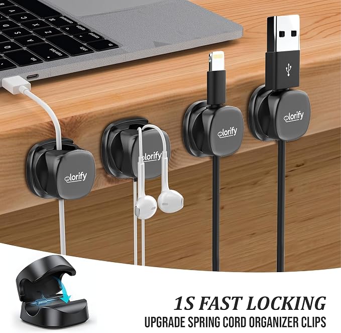 12 Pack Rotatable Spring Cable Clips, Adhesive Cord Organizer for Charging Cords, Phone Charging Clips, Laptop, Nightstand & Desk Cable Management for Home & Office Use (Black)