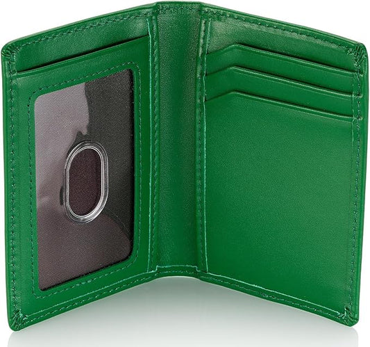 Stealth Mode Men's Slim Front Pocket Wallet - RFID Blocking, Thin Minimalist Design, Genuine Leather - ID Badge Window and 5 Sleeves for Money, Credit Cards, Driver License (Green/White)