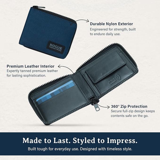 ROGUE WALLET Interior Genuine Leather Wallets for Men - RFID Blocking Robust Outer Nylon Wallets - Full Cash Slot and Expandable Coin Pouch - Gift for Men (Navy)