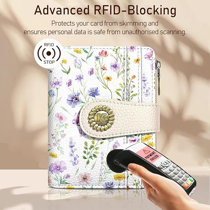 Kelvoris Flowers Floral Small Rfid Women Wallet Bifold Zipper Coin Pocket PU Leather Compact Cash Credit Card Holder Travel Wallet for Female Ladies Teen Girls 1 ID Window 10 Card Slots