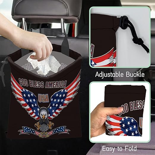 Bald Eagle Car Trash Bag,American Flag Hanging Drawstring Car Garbage Bag, Waterproof Canvas Car Back Seat Organizer with Adjustable Buckle, for Vehicles, SUVs, Camping, Road Trips