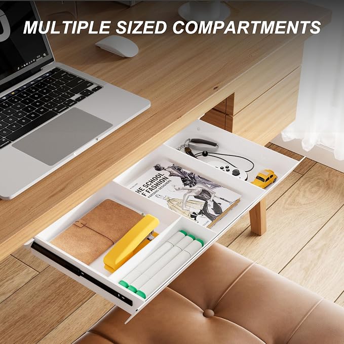 White Under Desk Drawer with Removable Tray, 22.4" Wide 2-in-1 Organizer – 60° Ergonomic Tilt, 4-Compartment Insert for Pens, Phones & Cables, Ball Bearing Slides, for Home Office & Student Desk