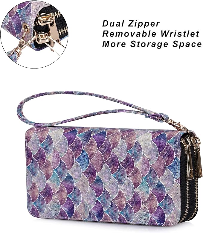 Cellphone Wallet for Women Dual Zipper Long Purse with Removable Wristlet